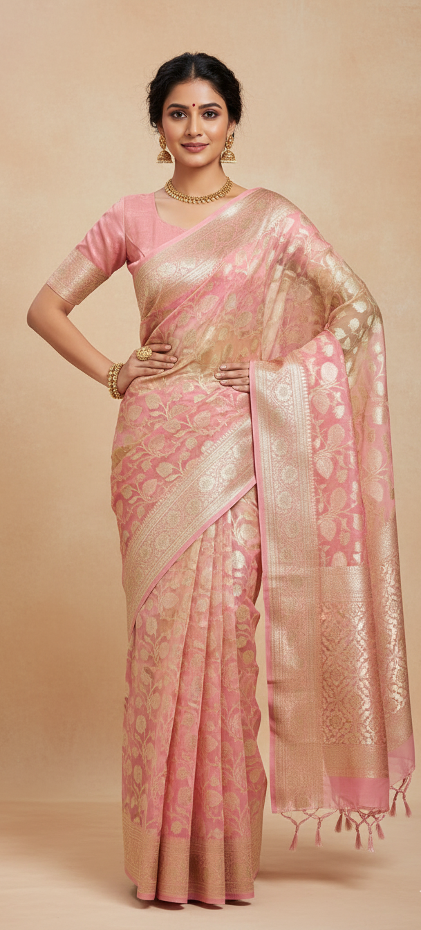 Pink Banarasi Handloom Rangkat Kora Tissue Silk Saree