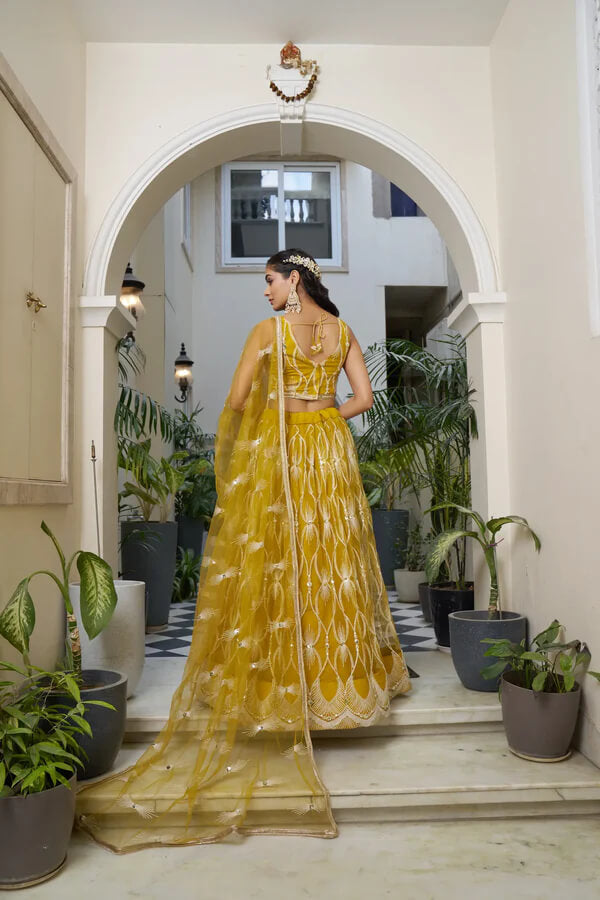 Mustard Net Lehenga Choli with Cotton Thread & Sequins Work