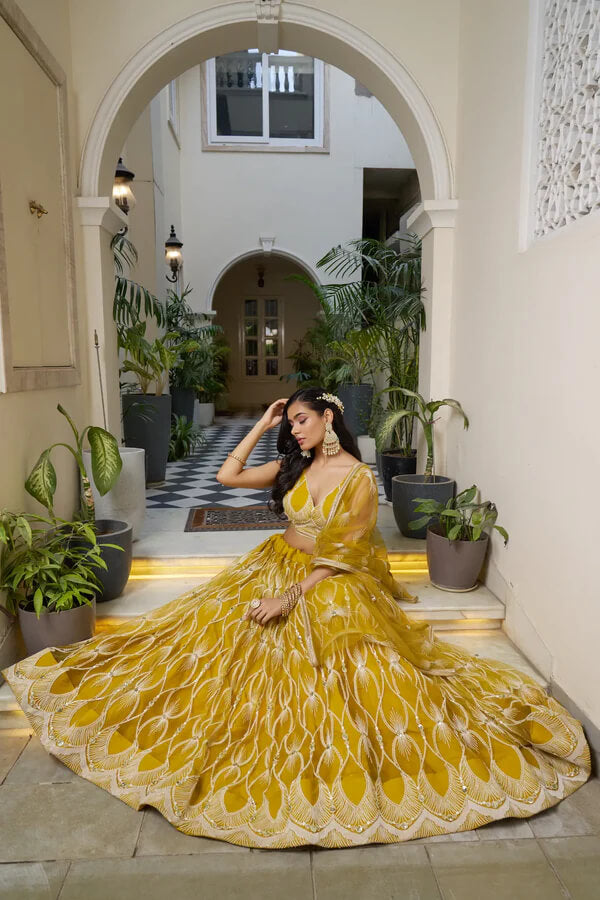 Mustard Net Lehenga Choli with Cotton Thread & Sequins Work