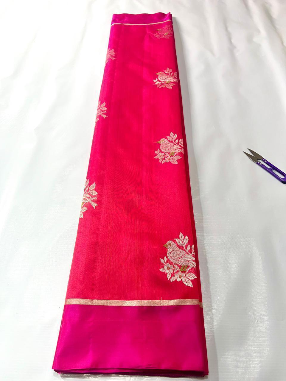 Red Chanderi Handloom Pattu Silk Eknal Buttas Saree