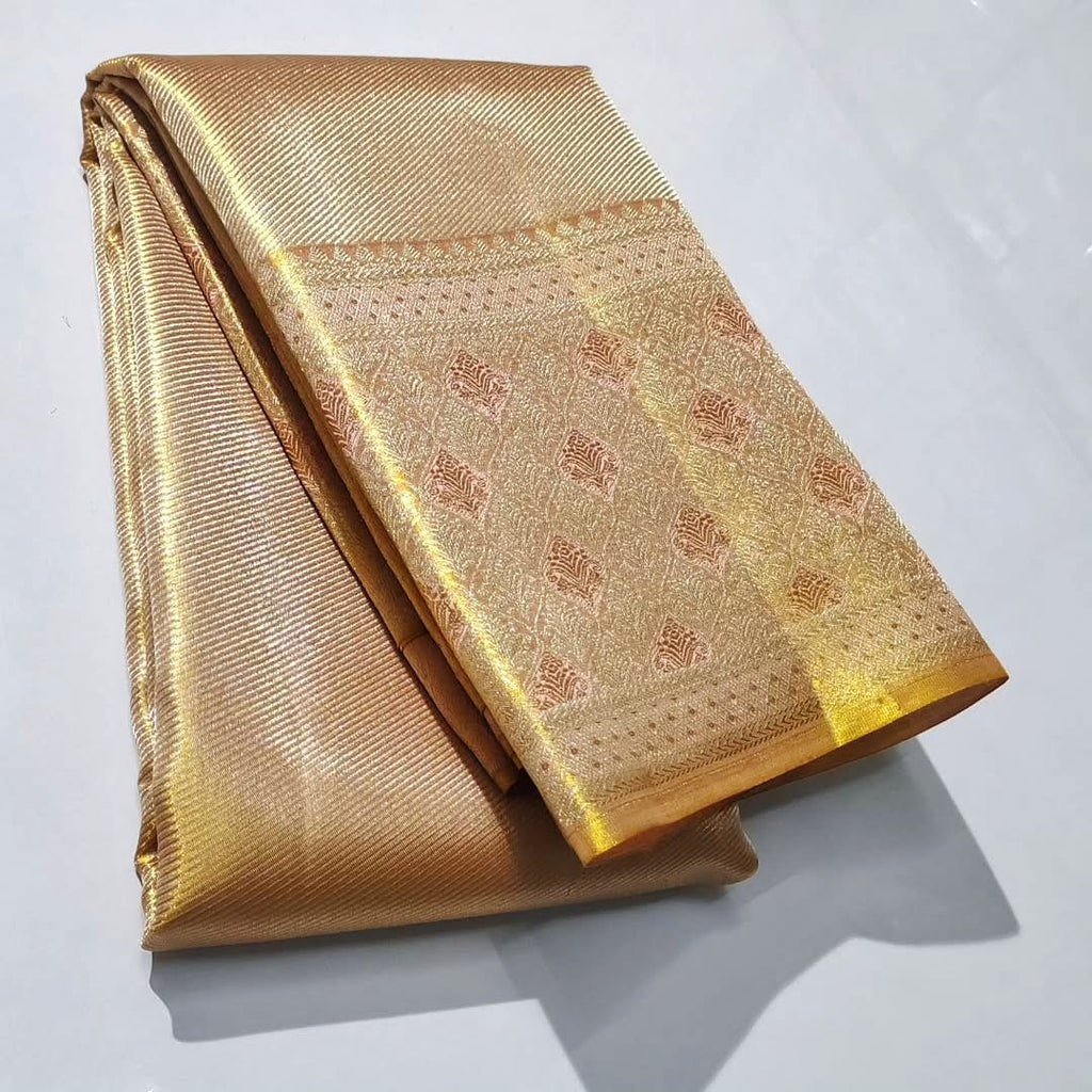 Beige Kanchipuram Handloom Tissue Brocade Silk Saree