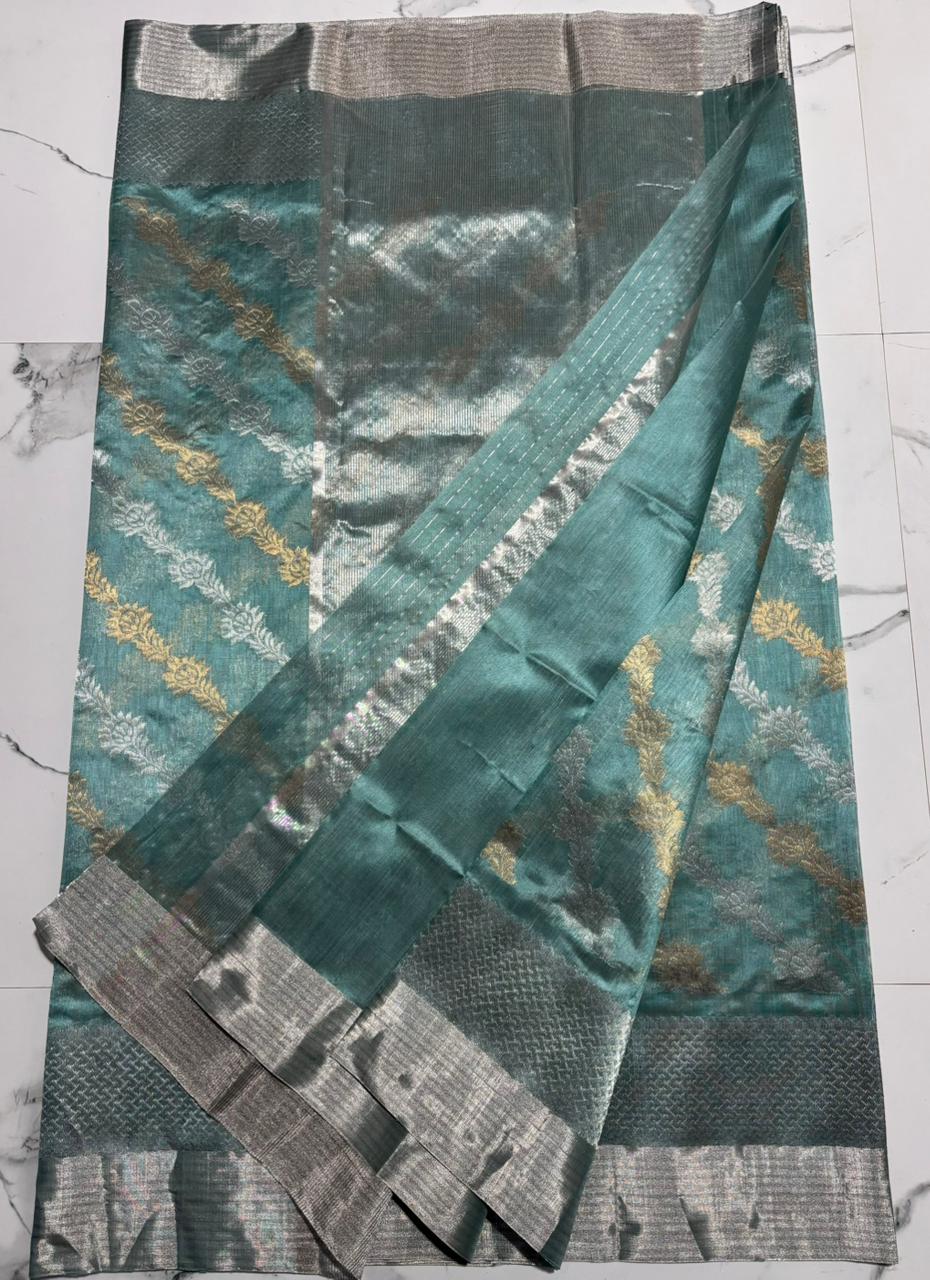 Steel Blue Chanderi Handloom Pattu Silk Handwork Saree