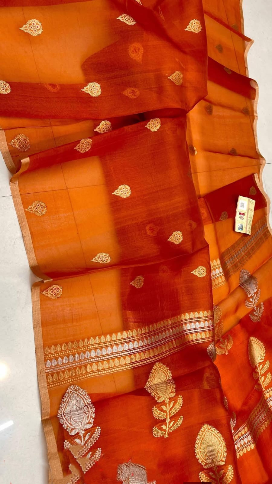 Orange Banarasi Handloom Kora Organza Silk Saree