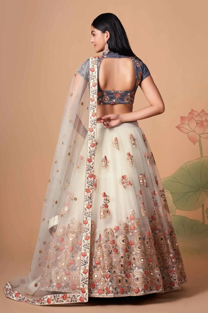 Off White Net Lehenga with Zari, Sequins & Mirror Work
