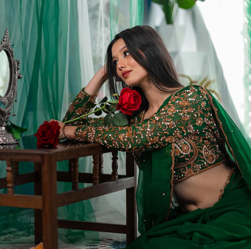 Bottle Green Hand Embroidered Organza Silk Saree
