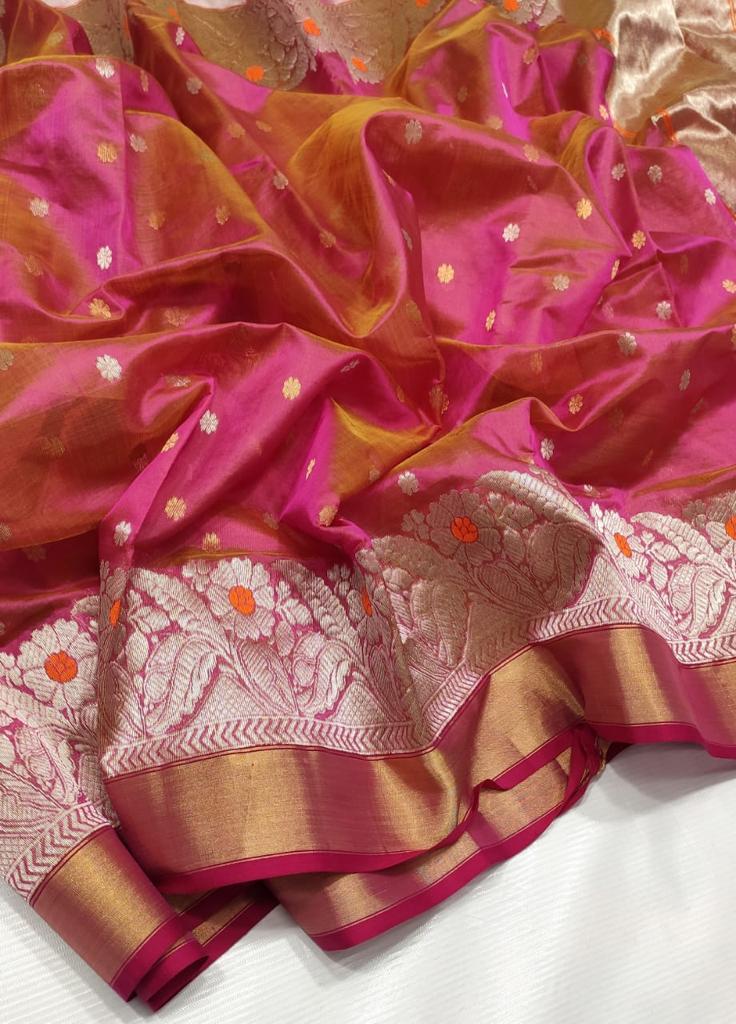 Dual Tone Pink Chanderi Handloom Pattu Silk Handwork Saree