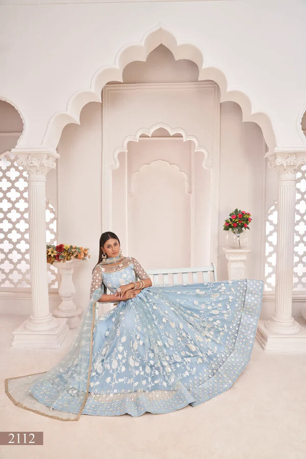 Festive Light Sky Cotton Thread Work Lehenga