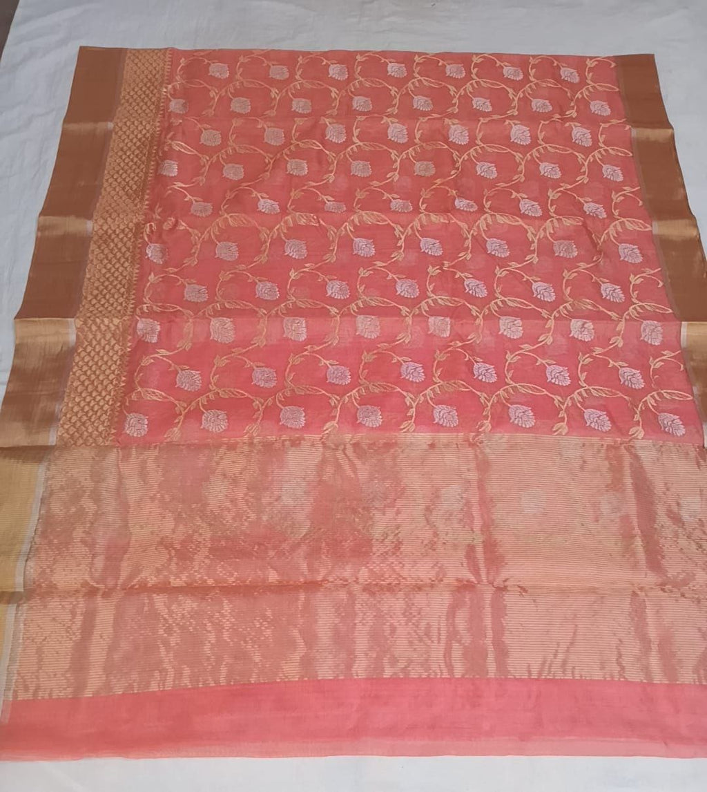 Peach Chanderi Handloom Pattu Silk Handwork Saree