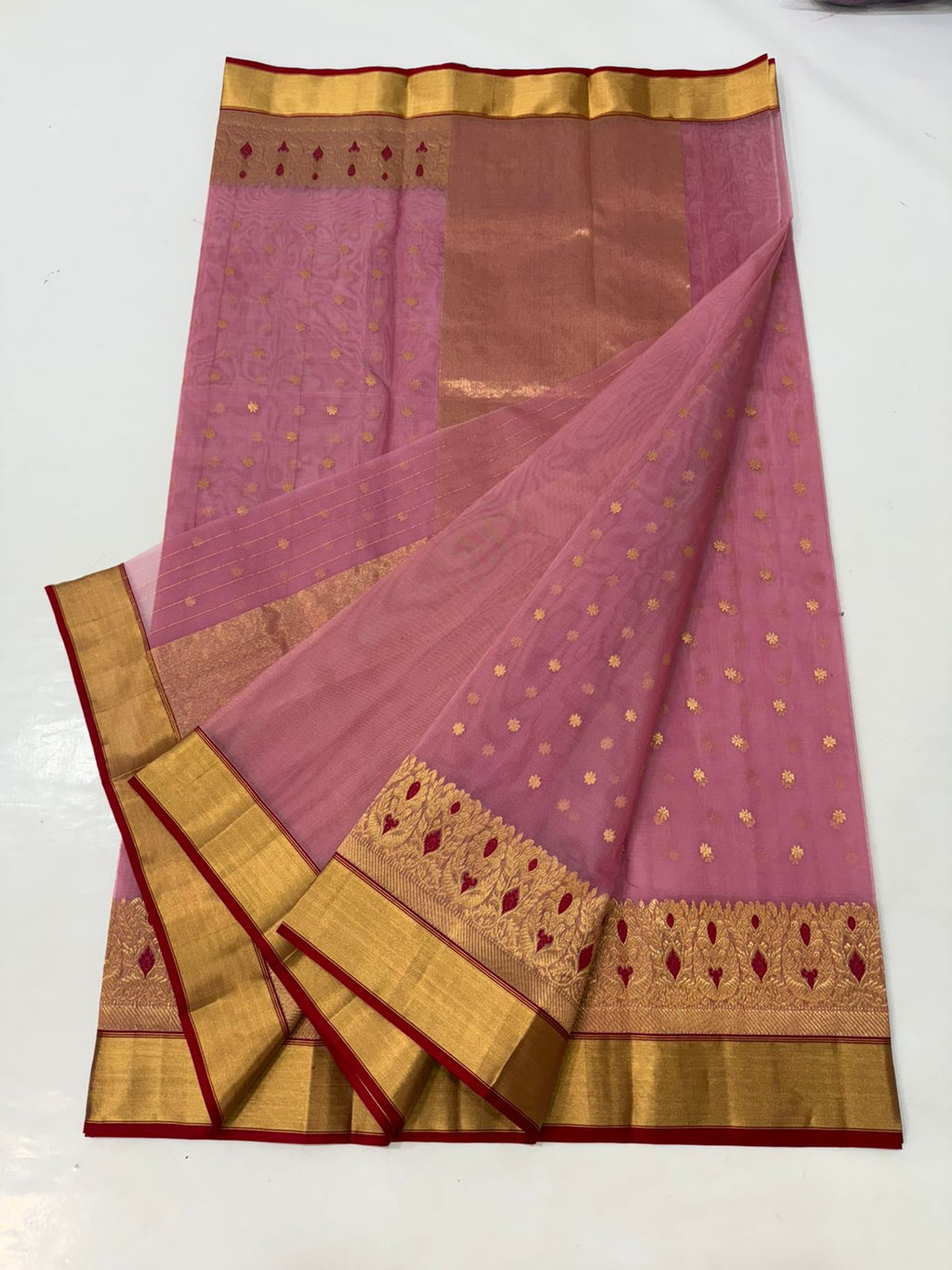 Onion Pink Chanderi Handloom Katan Silk Meenakari Handwork Saree