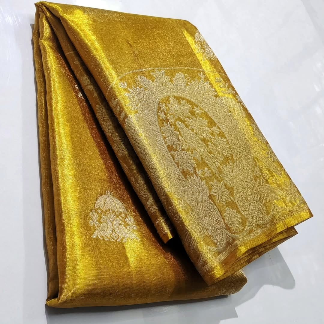Gold Kanchipuram Handloom Tissue Brocade Silk Meenakari Saree