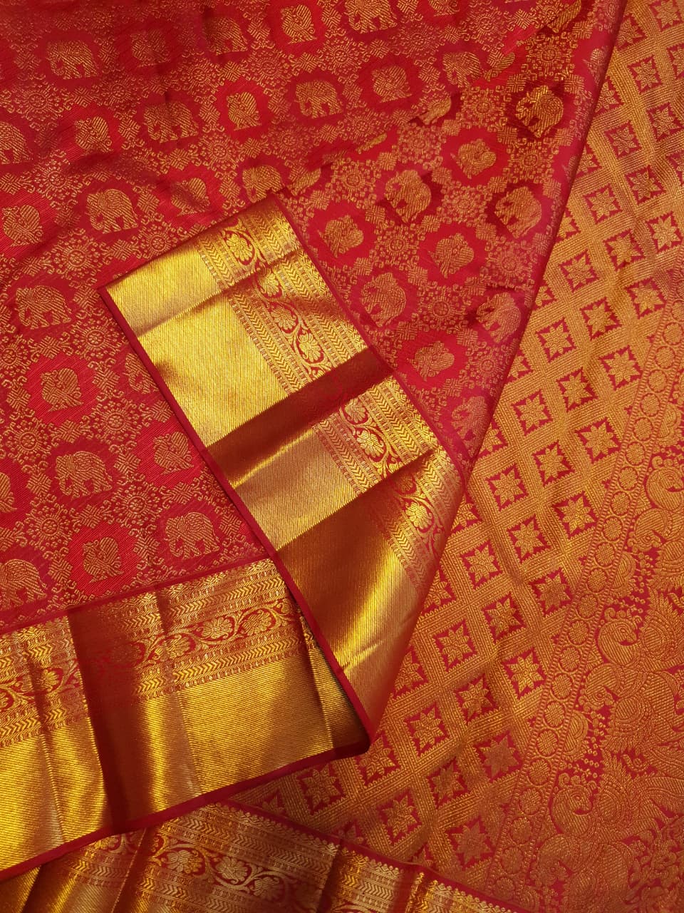 Chilly Red Kanchipuram Handloom 2G Gold Pattu Silk Meenakari Saree