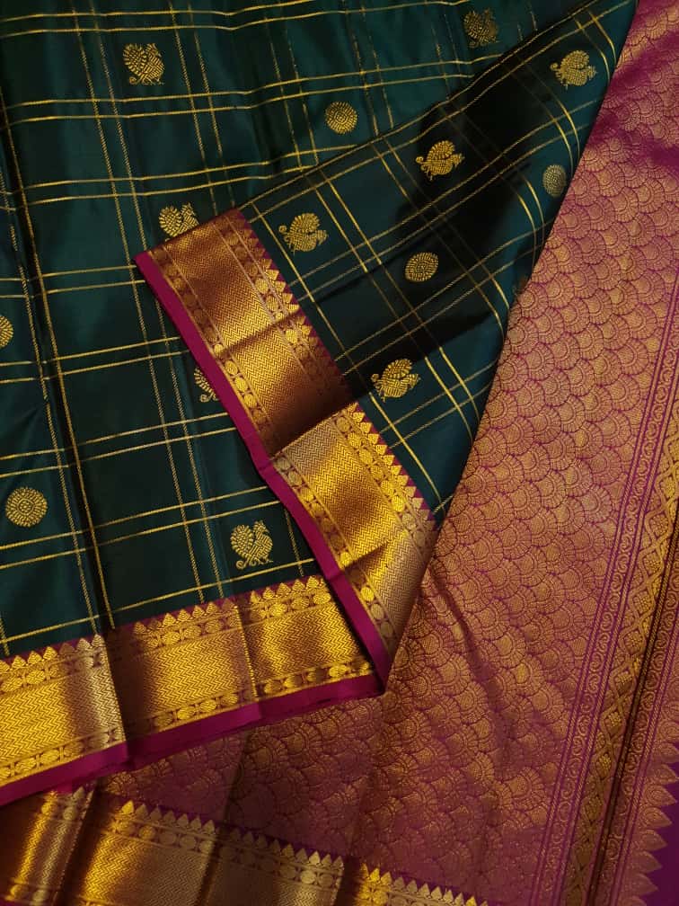 Bottle Green Kanchipuram Handloom 2G Gold Pattu Silk Saree