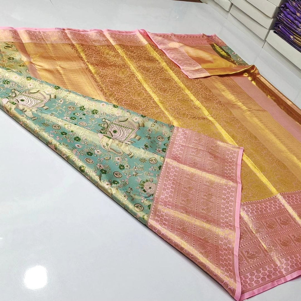 Pista Green Kanchipuram Handloom Tissue Brocade 4D Meenakari Silk Saree