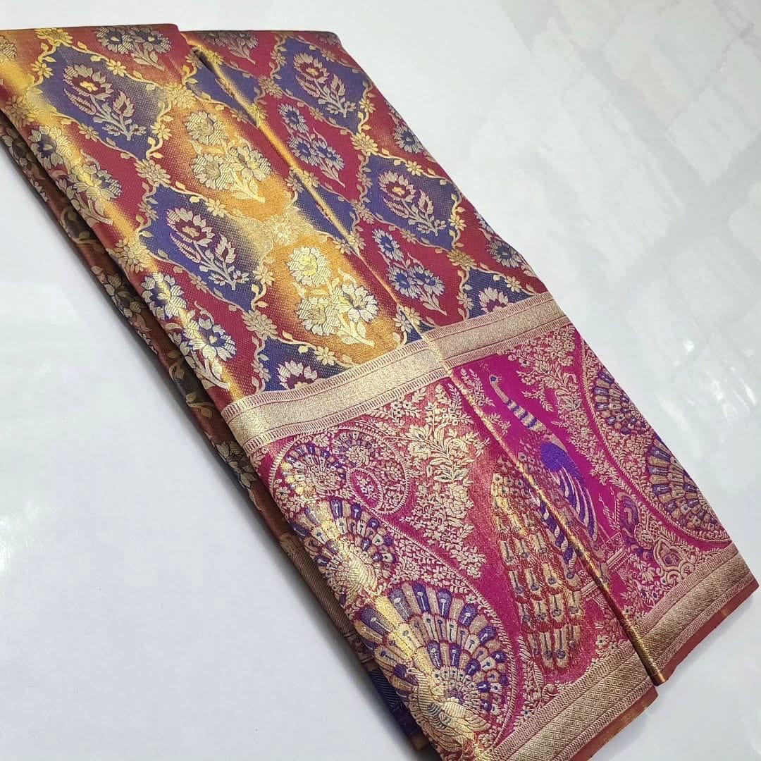 Hot Pink Kanchipuram Handloom Tissue Brocade Meenakari Silk Saree