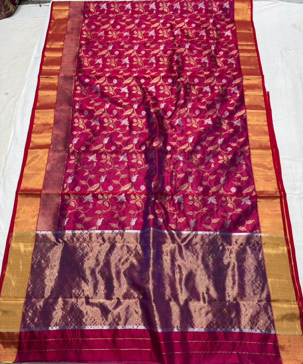 Dark Pink Chanderi Handloom Pattu Silk Shikargah Handwork Saree