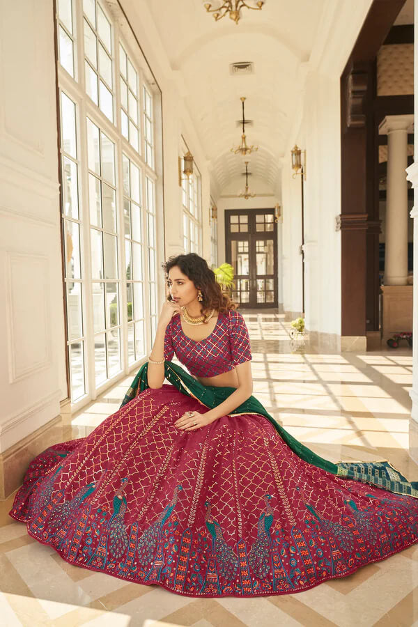 Festive Maroon Lehenga Choli with Matching Printed Dupatta