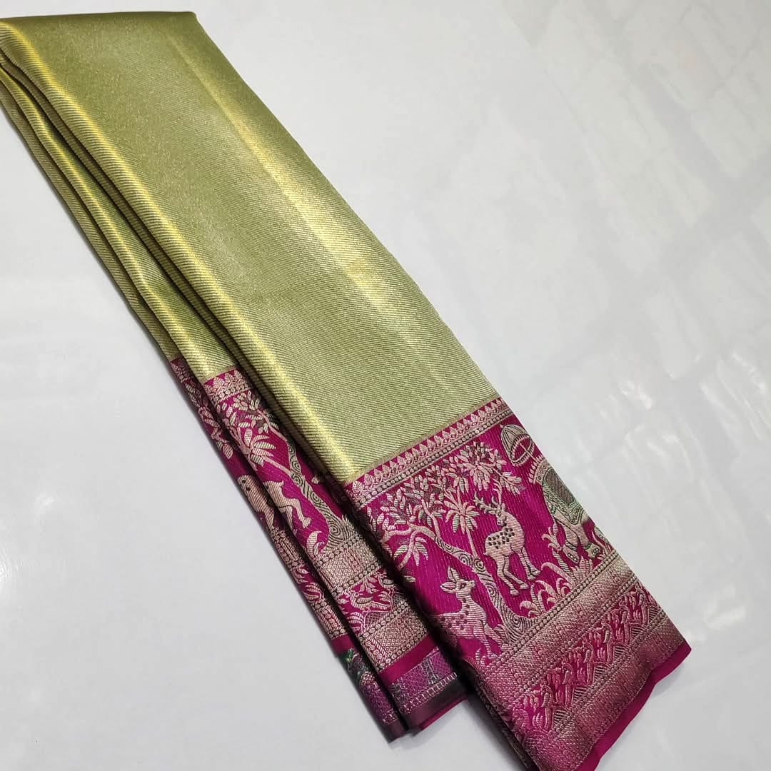 Pista Green Kanchipuram Handloom Tissue Brocade Meenakari Silk Saree