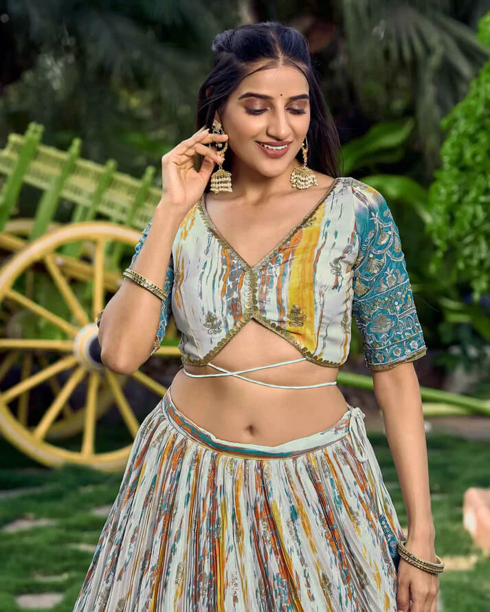 Sea Blue Designer Lehenga with Sequins, Zari & Digital Print