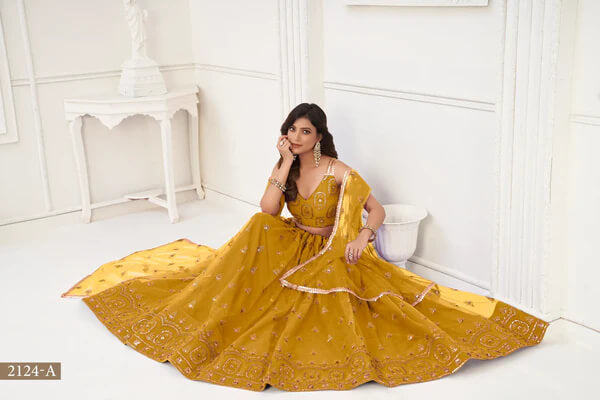 Mustard Embroidered Net Lehenga Choli