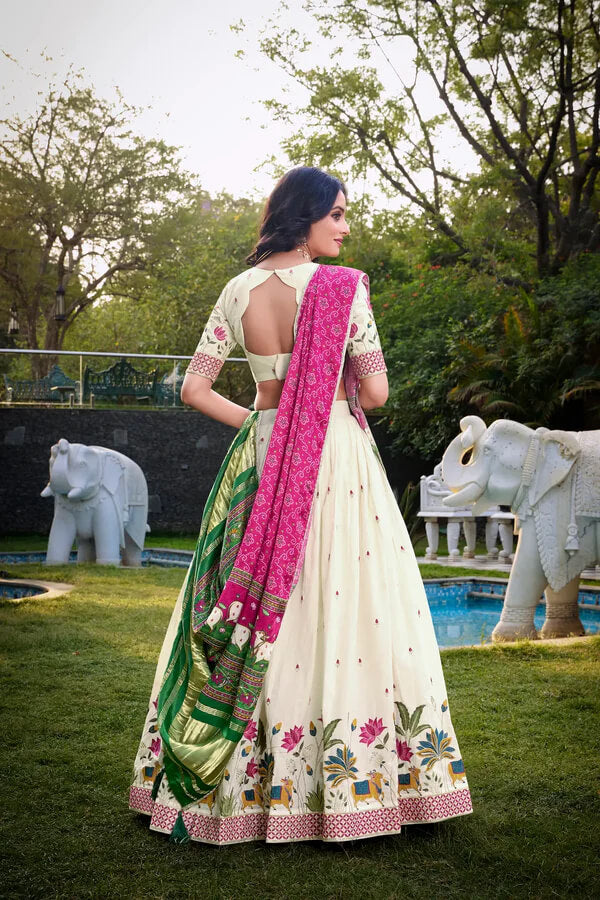 Ethnic Off White Lehenga Choli with Gaji Silk Hot Pink Dupatta