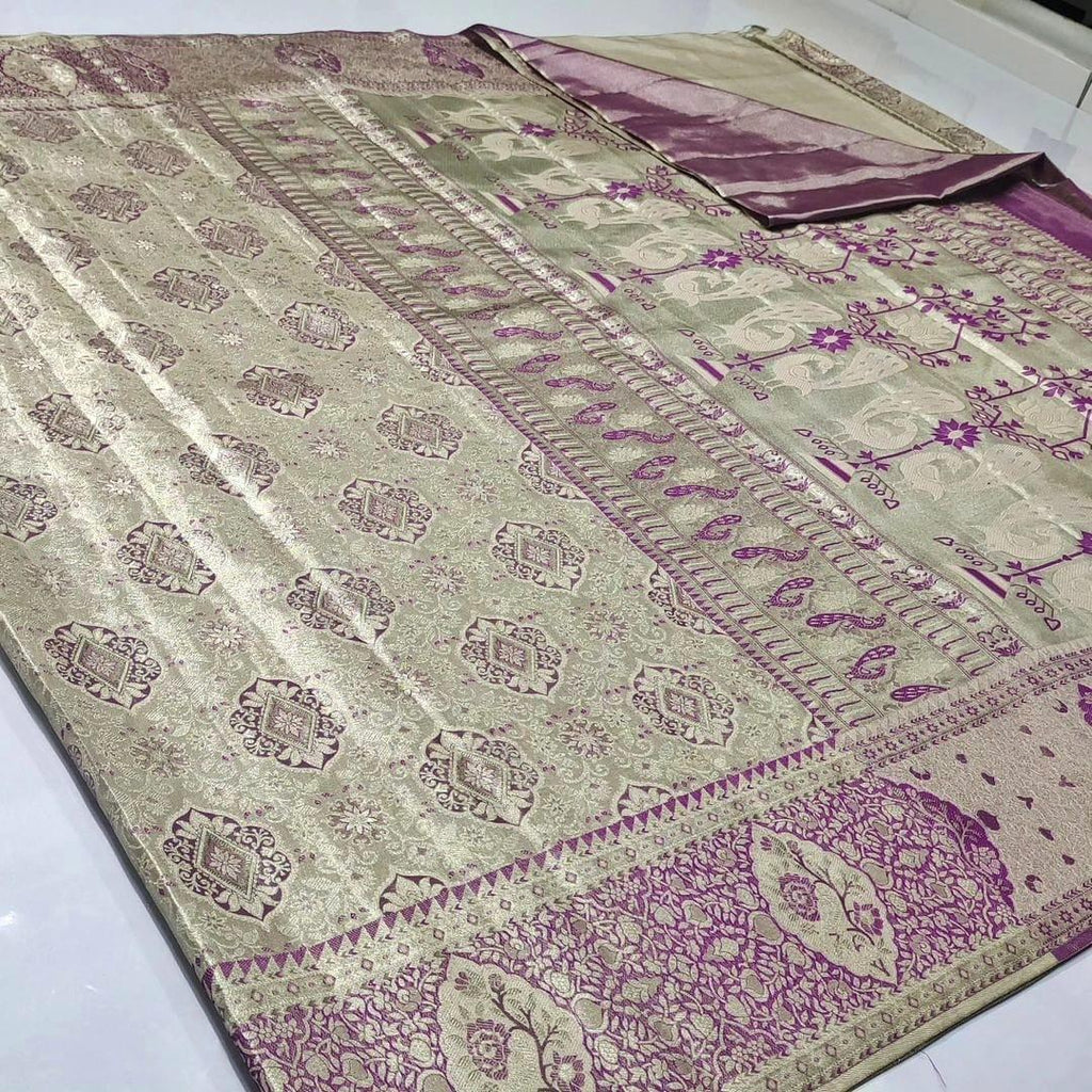 Beige Kanchipuram Handloom Tissue Brocade Silk Saree