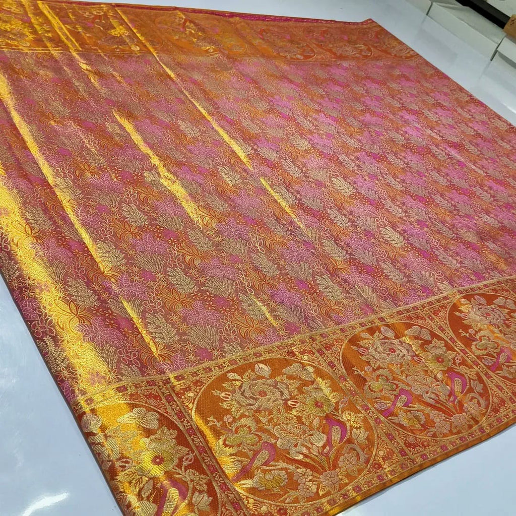 Orange Kanchipuram Handloom Tissue Brocade Meenakari Silk Saree