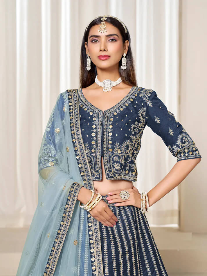 Navy Blue Art Silk Lehenga with Thread & Sequins Work