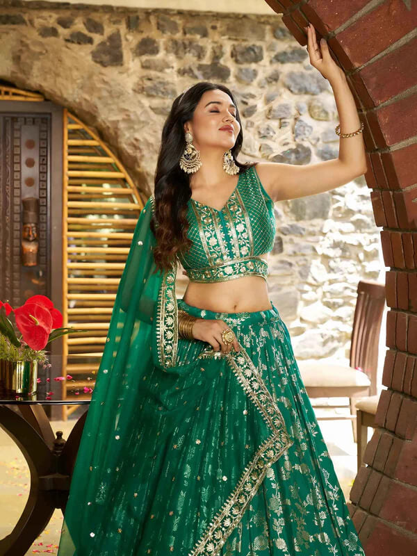 Teal Green Jacquard Lehenga with Zari & Sequins Work