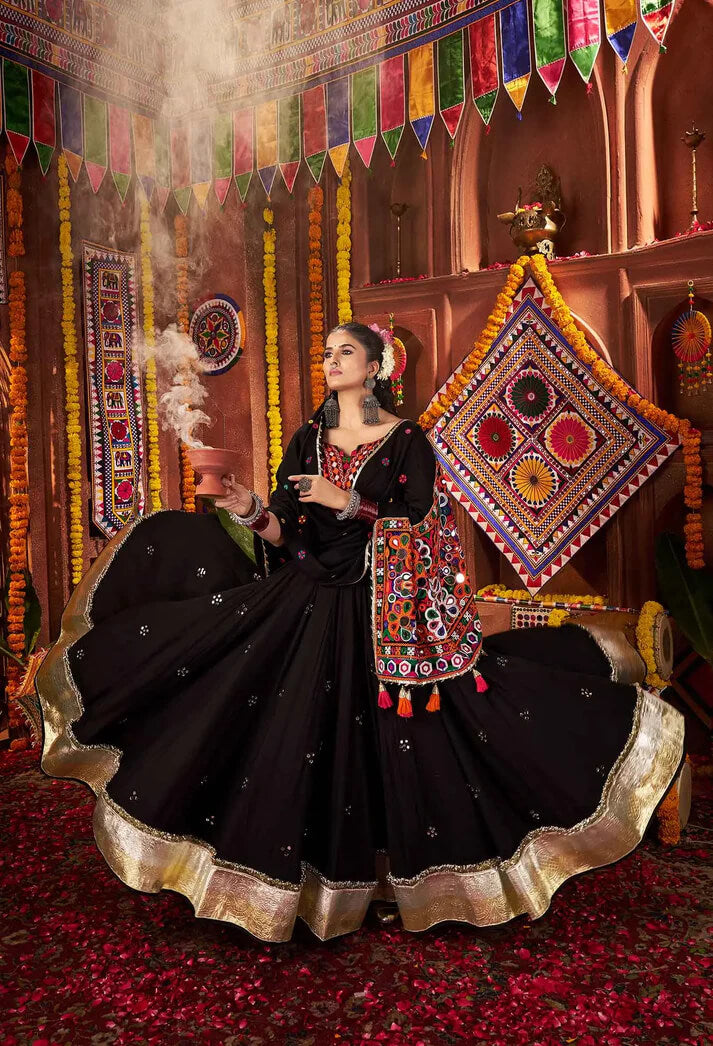 Designer Black Mirror & Thread Work Navratri Lehenga