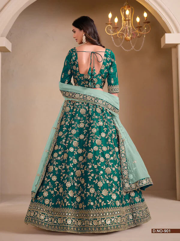 Wedding Wear Sea Green Art Silk Lehenga with Embroidery