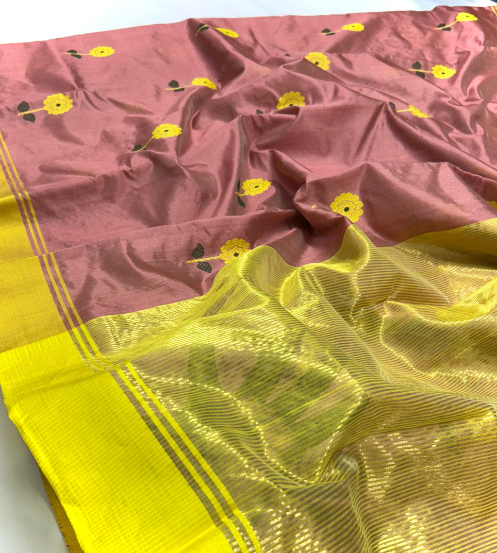 Rosy Brown Chanderi Handloom Pattu Silk Meenakari Saree