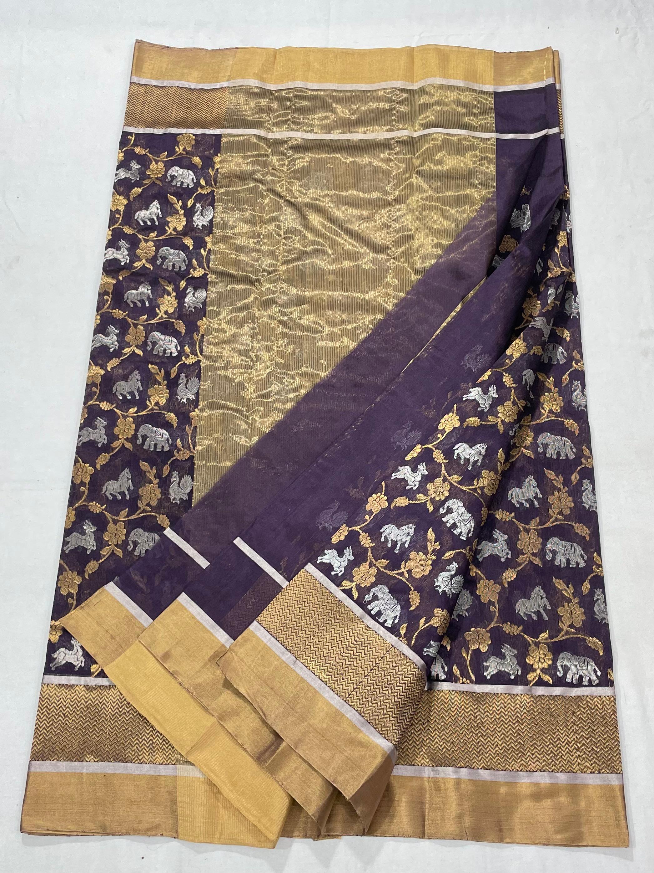Purple Chanderi Handloom Pattu Silk Shikargah Handwork Saree