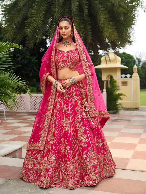 Elegant Raspberry Bridal Ensemble with Double Dupatta