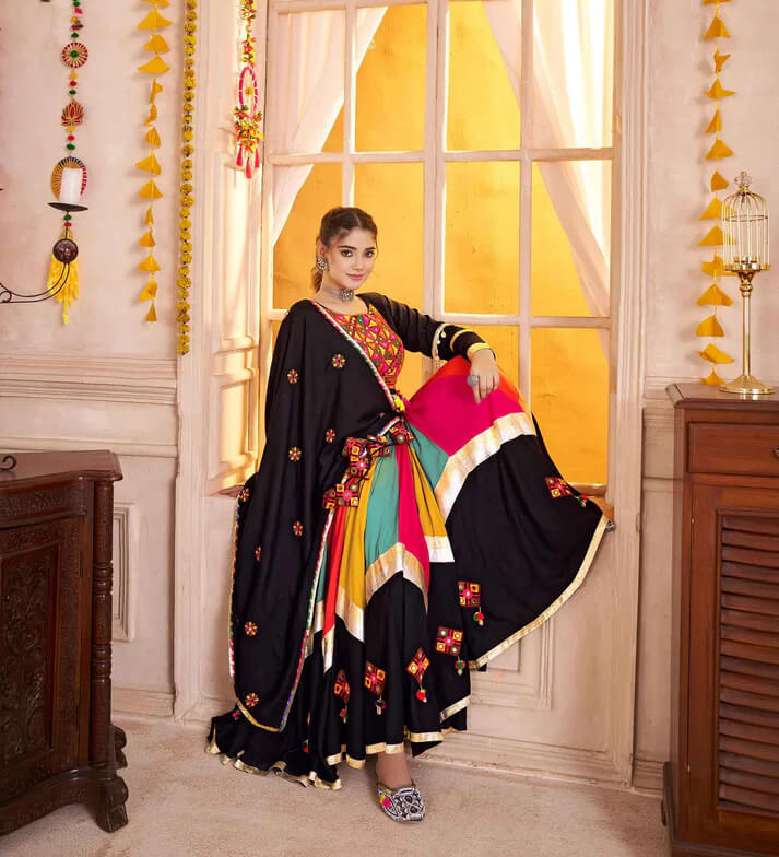 Black Multi Color Mirror & Thread Work Navratri Lehenga