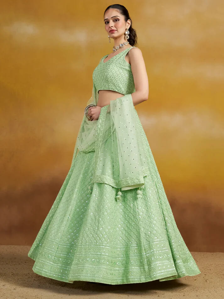 Light Mint Green Designer Lehenga with Sequins & Dupatta