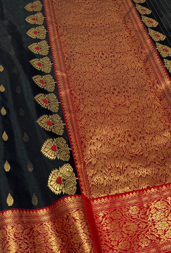 Black Chanderi Handloom Katan Silk Meenakari Saree