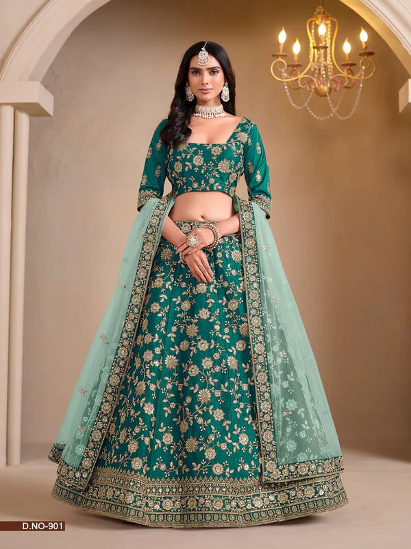 Wedding Wear Sea Green Art Silk Lehenga with Embroidery