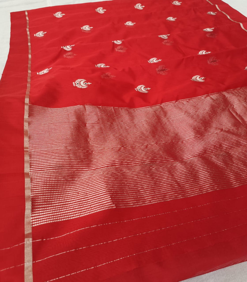 Red Chanderi Handloom Pattu Silk Eknal Buttas Saree