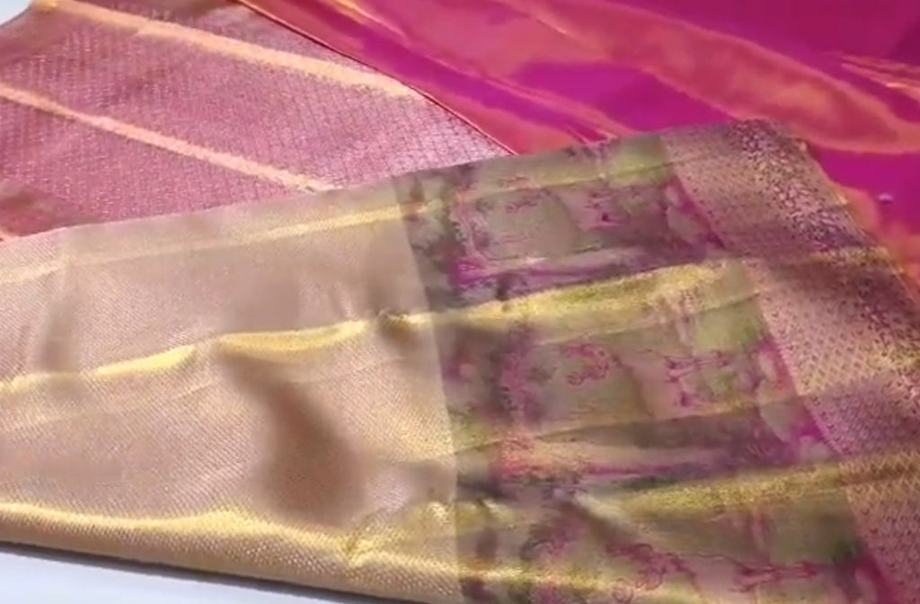 Gold and Hot Pink Kanchipuram Handloom Tissue Brocade Silk Saree