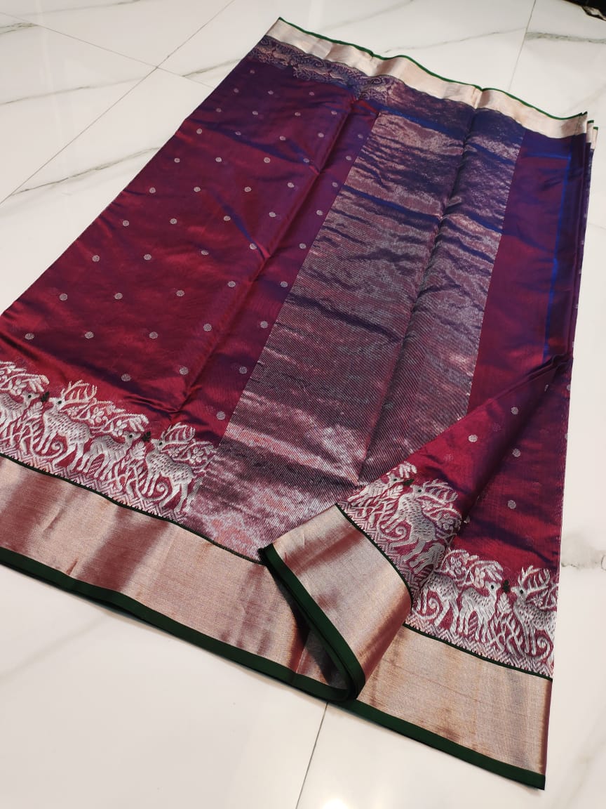 Maroon Chanderi Handloom Pattu Silk Handwork Meenakari Saree