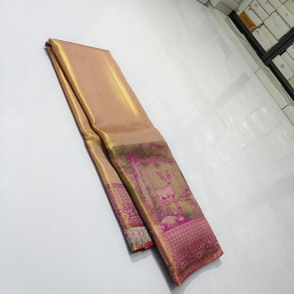 Gold and Hot Pink Kanchipuram Handloom Tissue Brocade Silk Saree