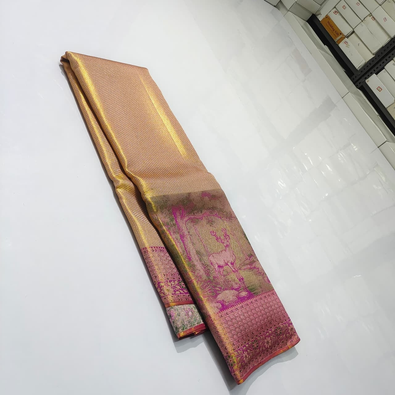 Gold and Hot Pink Kanchipuram Handloom Tissue Brocade Silk Saree