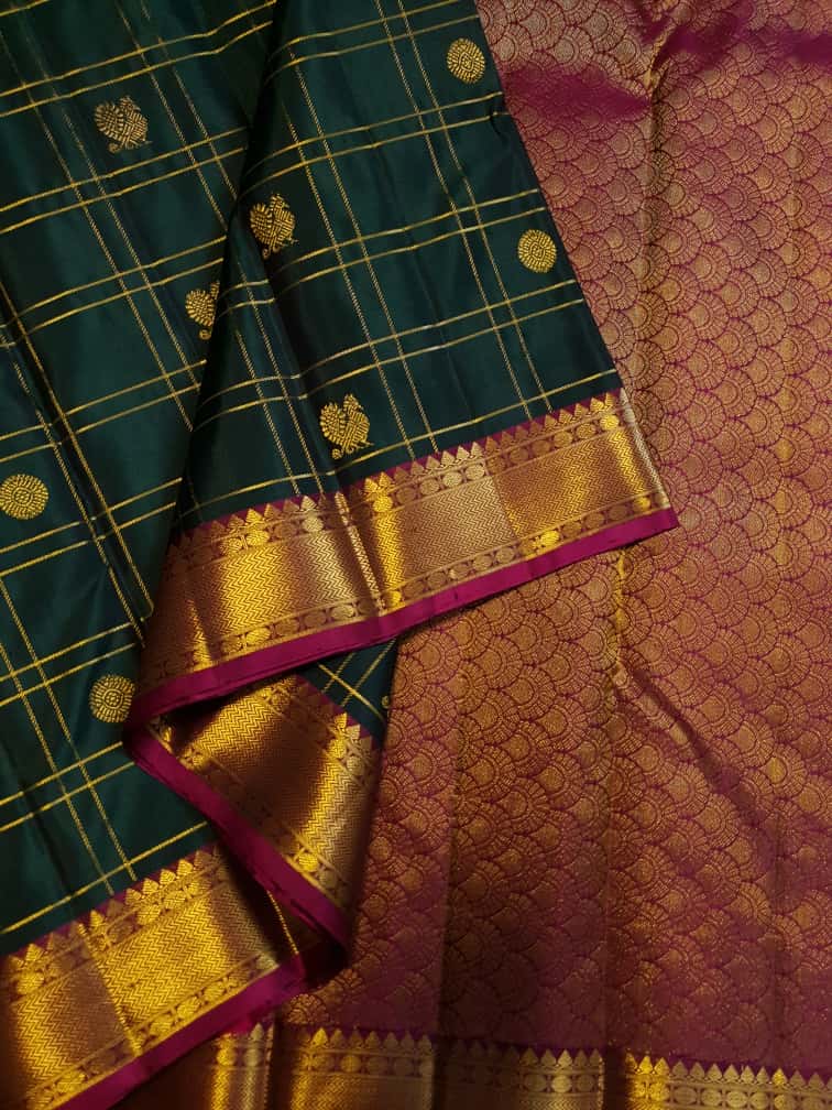 Bottle Green Kanchipuram Handloom 2G Gold Pattu Silk Saree