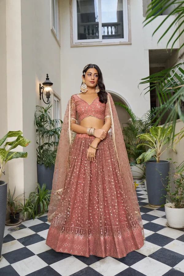 Elegant Rust Brown Net Embroidered Lehenga Choli