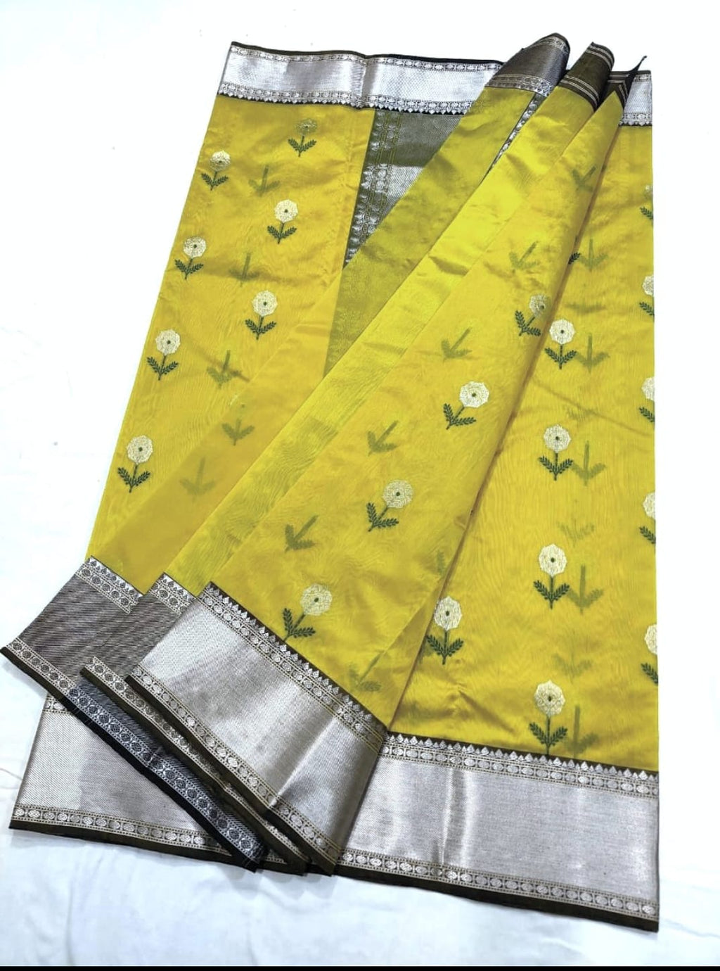 Lemon Chanderi Handloom Pattu Silk Meenakari Nakshi Saree