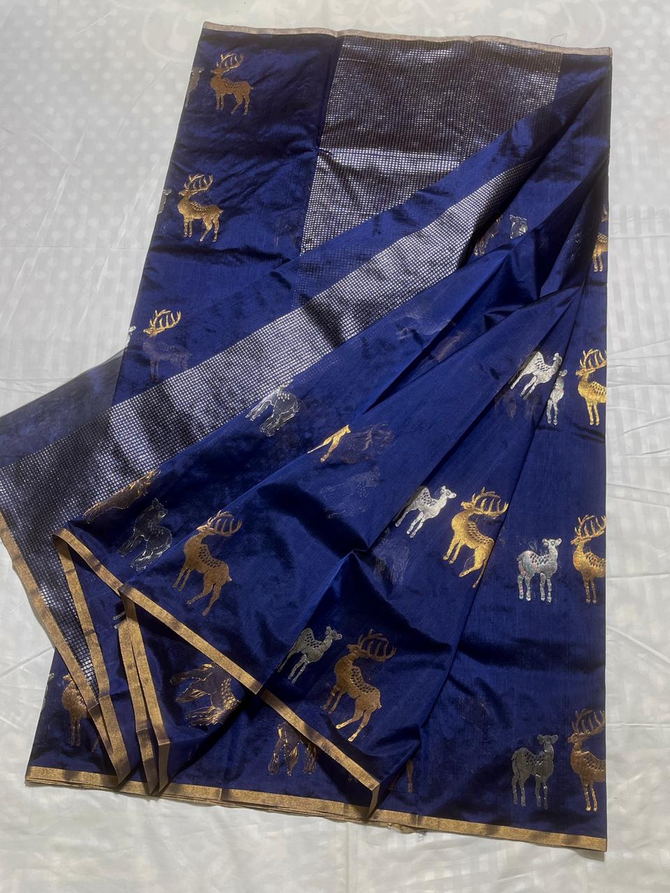 Dark Blue Chanderi Handloom Pattu Silk Sona Rupa Saree