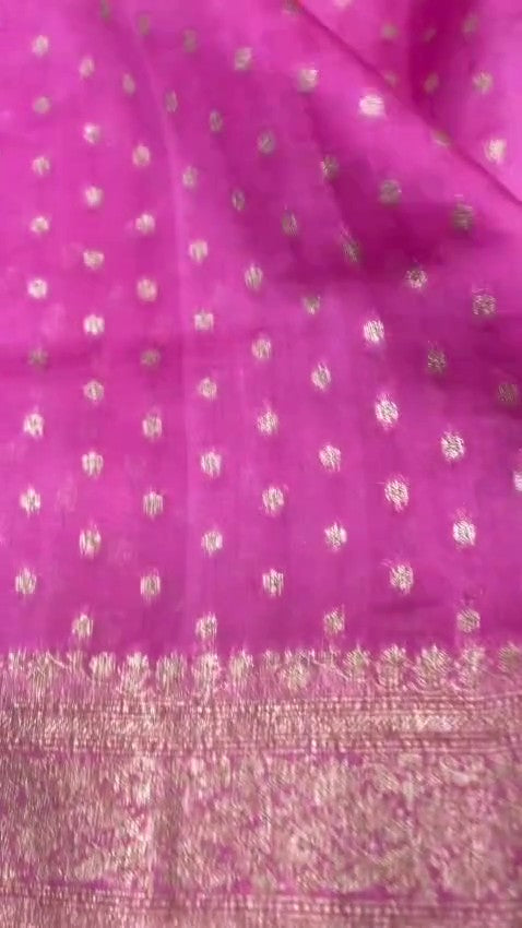 Hot Pink Banarasi Handloom Kora Organza Silk Saree