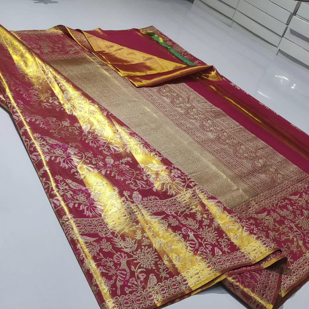 Hot Pink Kanchipuram Handloom Tissue Brocade Silk Saree