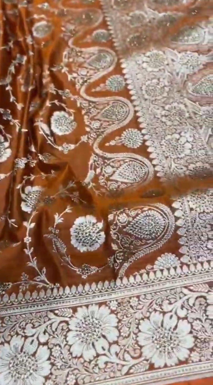 Orange Banarasi Satin Katan Silk Swarovski Jangla Saree