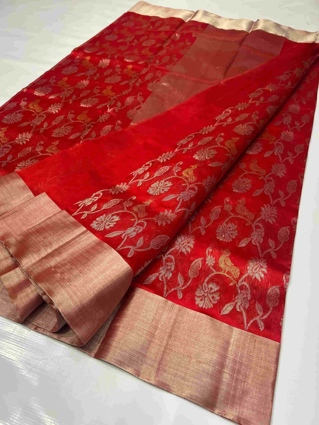 Red Chanderi Handloom Pattu Silk Meenakari Saree
